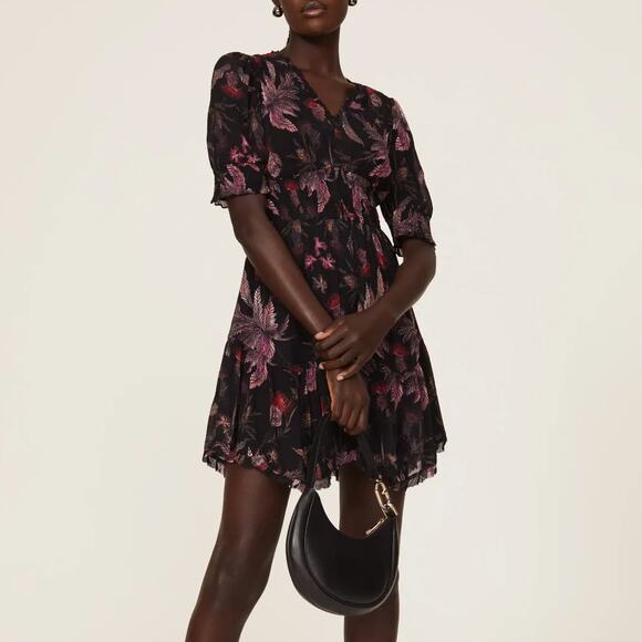 AllSaints Via Harris Mini Dress Black Floral Print Smocked Dark Romance SZ 6 - Picture 2 of 8